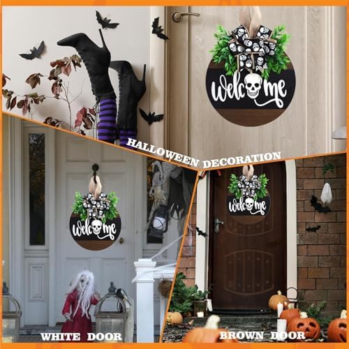 Halloween Wooden Welcome Sign with Spooky Skull and Bow