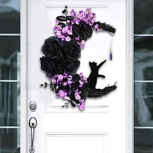 Halloween Wreath with Black Cat and Purple Roses