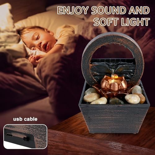 Tabletop Fountain with Light and Waterfall Sound for Relaxation and Meditation
