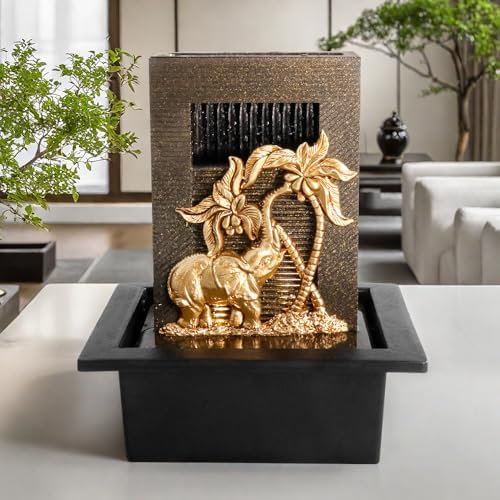 Elephant Themed Tabletop Fountain with Colorful Lights and Natural River Rocks