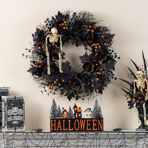 Glitzhome 24 Inch Halloween Wreath Black Rose Skeleton