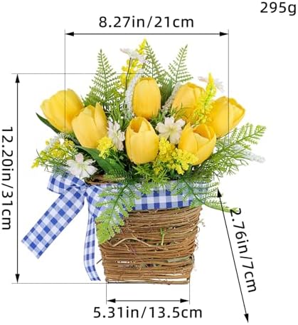 Belupai Spring Door Wreath with Artificial Tulips and Plaid Bow