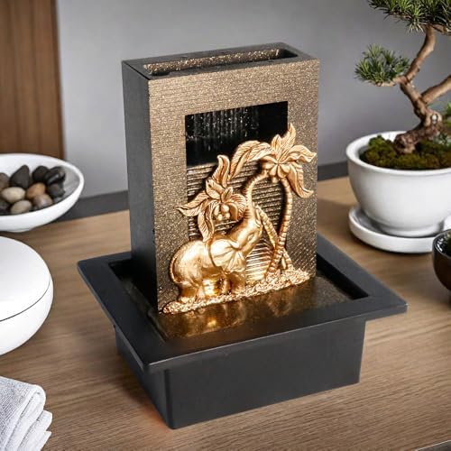 Elephant Themed Tabletop Fountain with Colorful Lights and Natural River Rocks