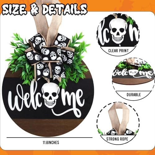 Halloween Wooden Welcome Sign with Spooky Skull and Bow