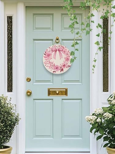 Welcome Sign for Front Door with Pink Bow Wreath
