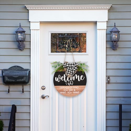 Front Door Decorations Welcome Wreaths with Green Plants and Plaid Ribbons