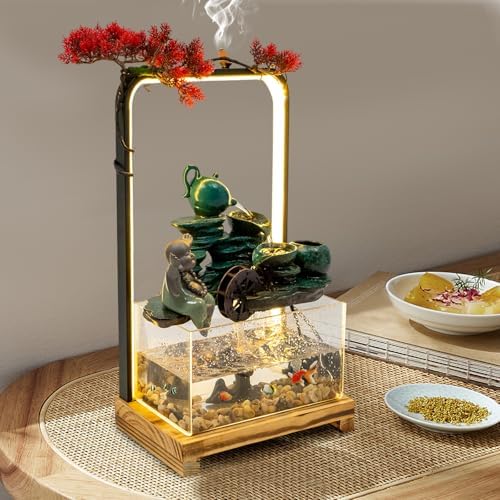 Tabletop Buddha Water Fountain with LED Light for Good Luck Wealth Decor