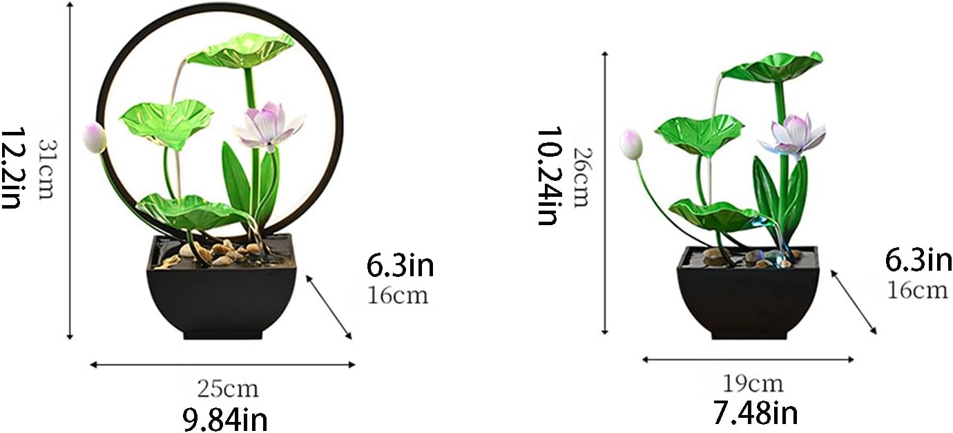Tabletop Fountain with Light Ring and Lotus Design