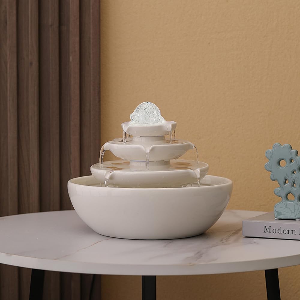Modern White Ceramic Tabletop Fountain for Home Office Decor