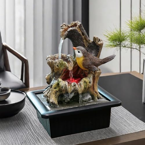 Rock Cascading Tabletop Water Fountain with LED Light Yellow Bird