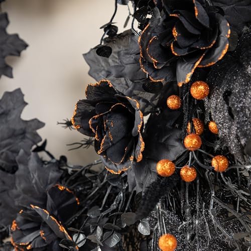 Glitzhome 24 Inch Halloween Wreath Black Rose Skeleton
