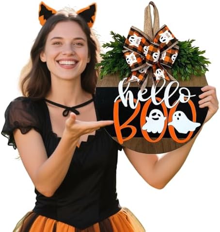 Cute Halloween Ghost Door Wreath Sign Wooden Welcome Decor for Front Door