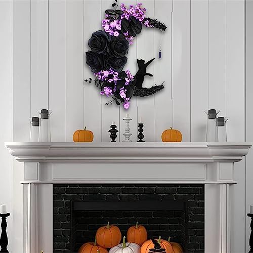 Halloween Wreath with Black Cat and Purple Roses