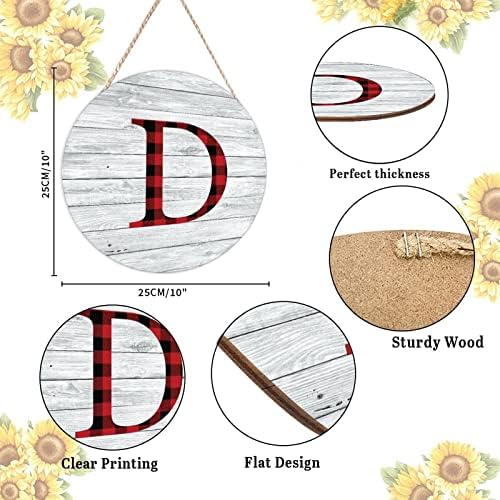 Farmhouse Front Door Hanger Red Black Buffalo Plaid Christmas Monogram Alphabet D Wood Sign