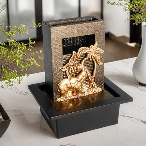 Elephant Themed Tabletop Fountain with Colorful Lights and Natural River Rocks