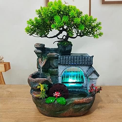 WINNIESHOP Indoor Tabletop Waterfall Fountain with Lights and Plants