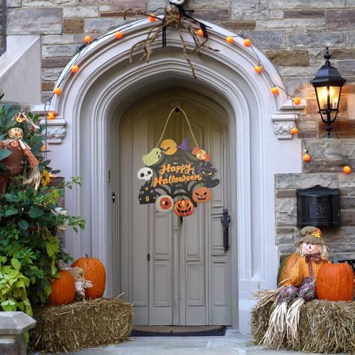 Halloween Wooden Wreath - Happy Halloween Door Sign Decor