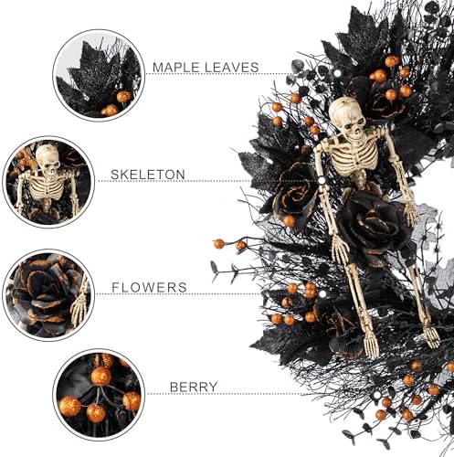 Glitzhome 24 Inch Halloween Wreath Black Rose Skeleton