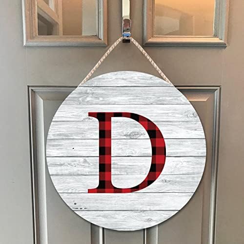 Farmhouse Front Door Hanger Red Black Buffalo Plaid Christmas Monogram Alphabet D Wood Sign