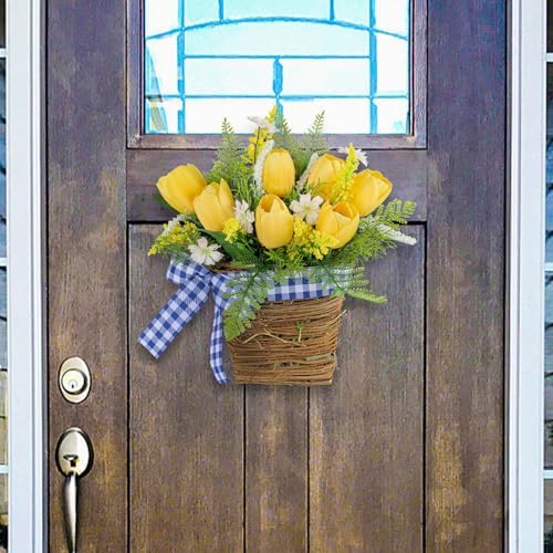 Yellow Tulips Door Wreath with Blue Plaid Bow