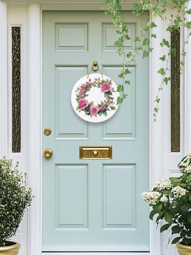 Welcome Sign with Red Rose Wreath Door Decor 10 Inch