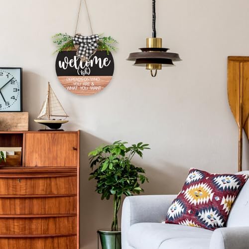 Front Door Decorations Welcome Wreaths with Green Plants and Plaid Ribbons