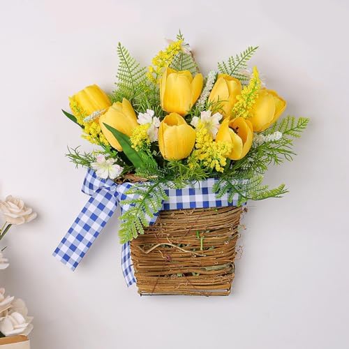 Yellow Tulips Door Wreath with Blue Plaid Bow