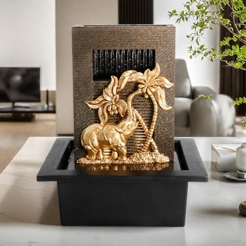 Elephant Themed Tabletop Fountain with Colorful Lights and Natural River Rocks