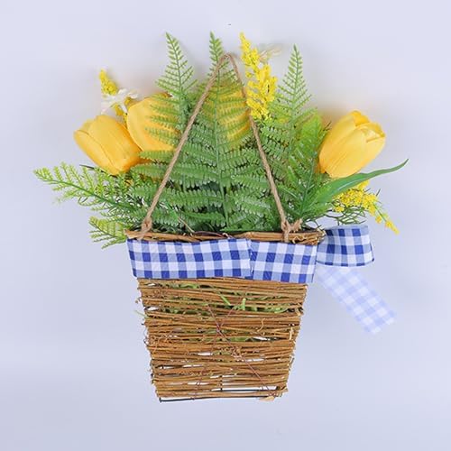 Belupai Spring Door Wreath with Artificial Tulips and Plaid Bow