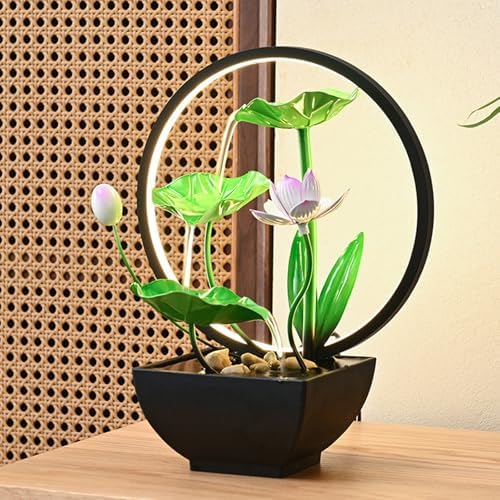 Tabletop Fountain with Light Ring and Lotus Design