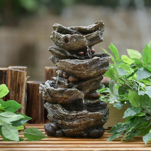 BGTR 9x5x14 Indoor Brown Wood-Look Water Fountain with 4-Tier Polyresin Cascading Design