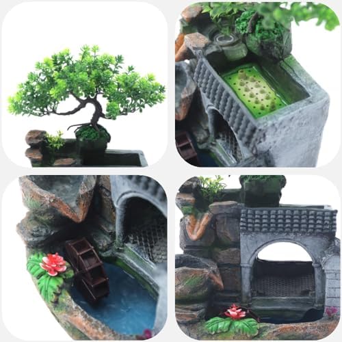 WINNIESHOP Indoor Tabletop Waterfall Fountain with Lights and Plants