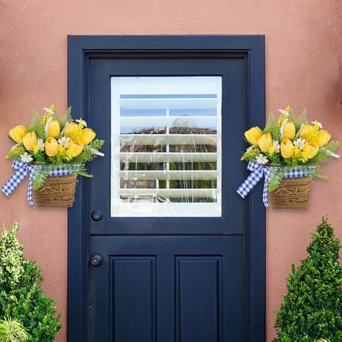 Belupai Spring Door Wreath with Artificial Tulips and Plaid Bow