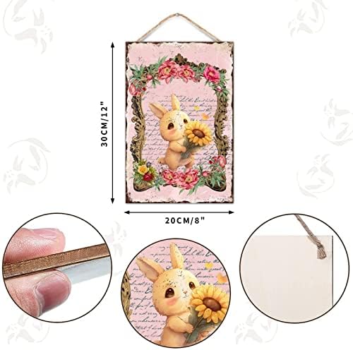 Welcome Easter Bunny Rabbit Door Sign Vintage Floral Wreath Wood Decor