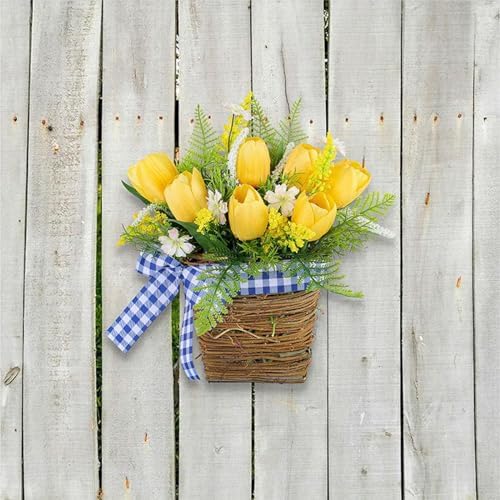 Yellow Tulips Door Wreath with Blue Plaid Bow