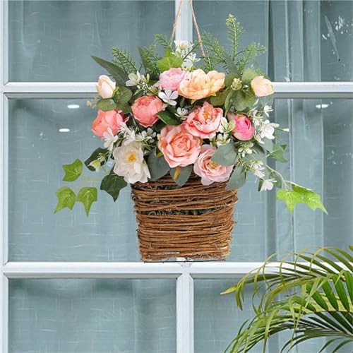 Colorful Peonies Rattan Hanging Wreath for Front Door
