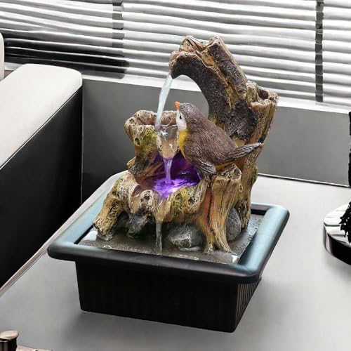 Rock Cascading Tabletop Water Fountain with LED Light Yellow Bird