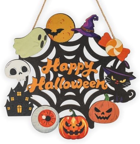 Halloween Wooden Wreath - Happy Halloween Door Sign Decor