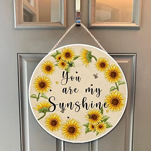 Farmhouse Front Door Hanger Sunflower Wreath Bee Wood Sign for Kids Girls Women 10x10in