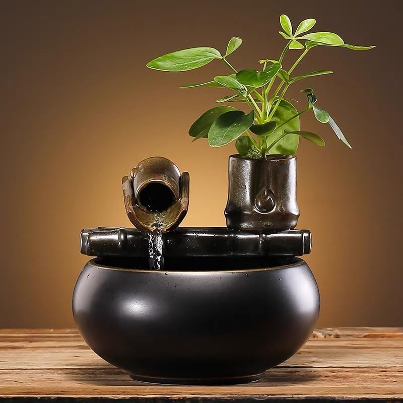 Ceramic Tabletop Fountain with Bamboo Water Feature Black Gloss