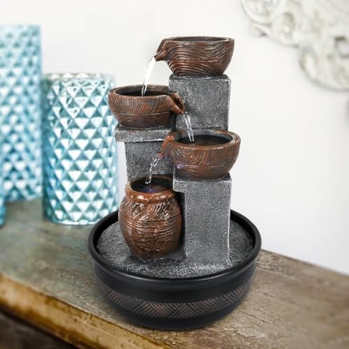 Tabletop Water Fountain With LED Lights Brown Polyresin Lighted Pump