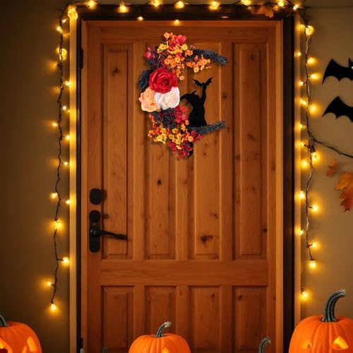 2025 Halloween Door Wreath Black Cat and White Rose