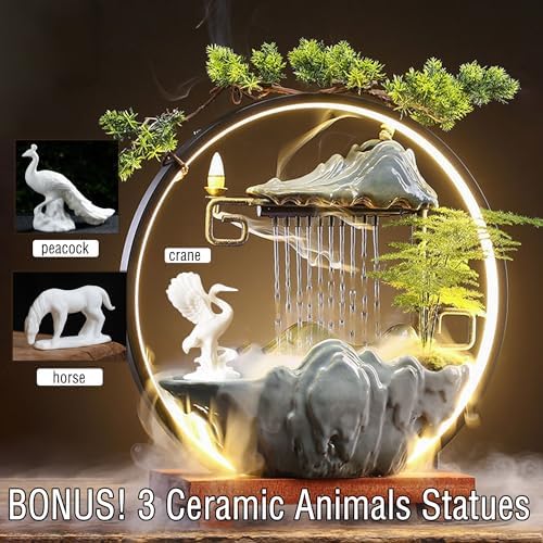 Peacock Horse Crane Animal Water Fountain with Lights and Mist