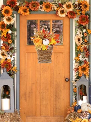 Autumn Door Wreath with Flowers and Decorative Elements