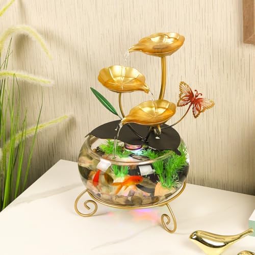 Modern Gold Indoor Water Fountain with Butterfly and Aquatic Plants 1