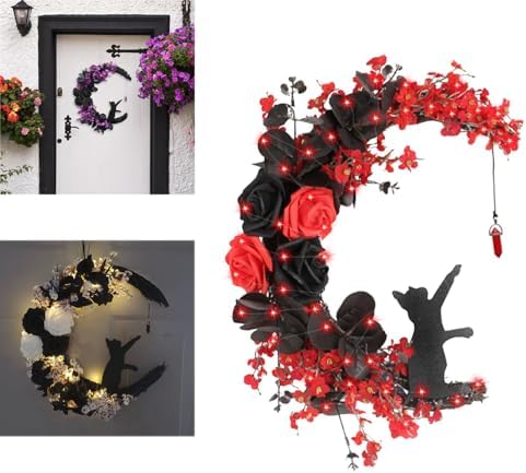Black Cat Halloween Wreath with Lights