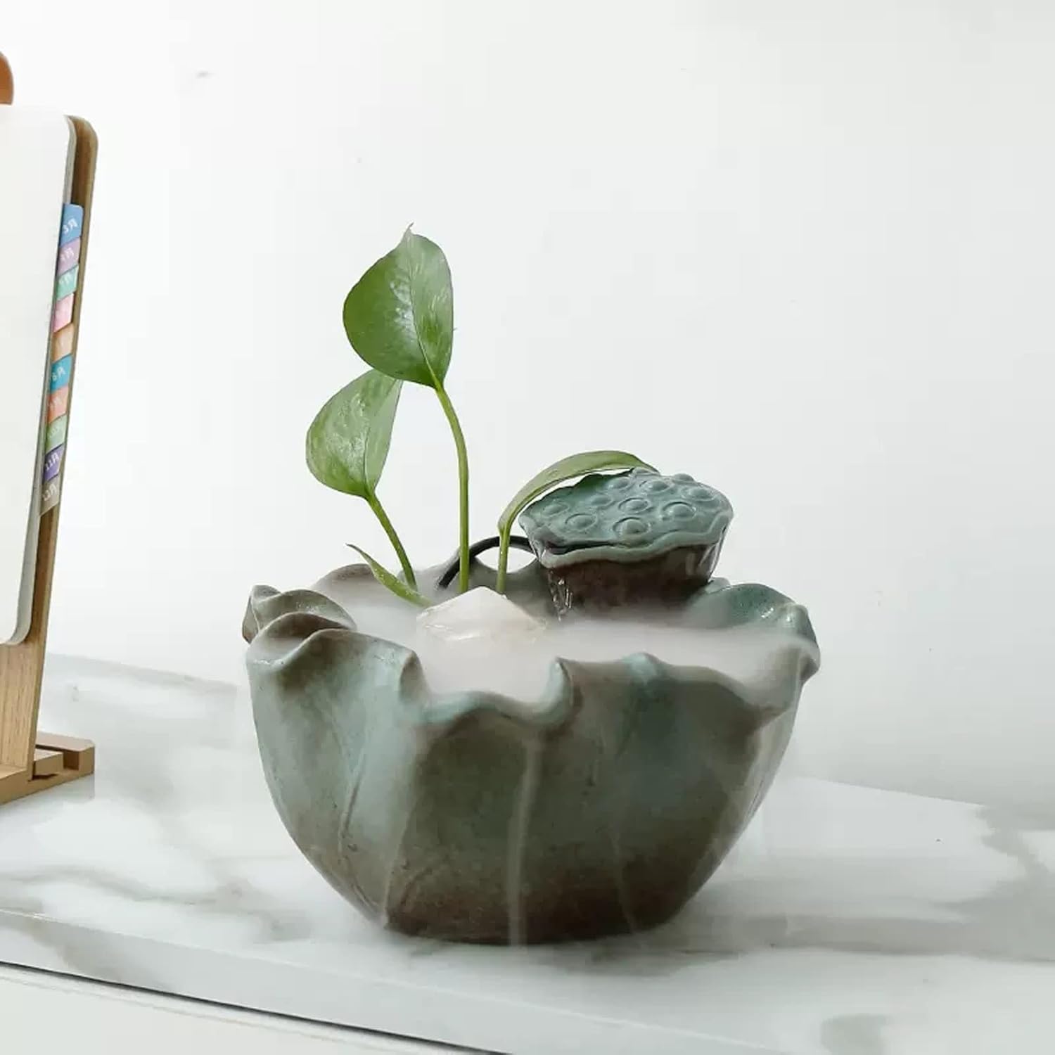 Ceramic Lotus Leaf Tabletop Water Fountain with Mist