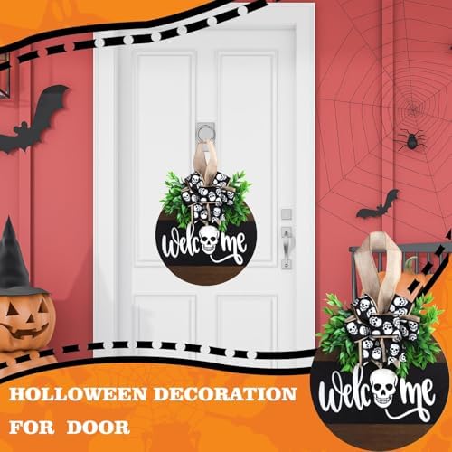 Halloween Wooden Welcome Sign with Spooky Skull and Bow