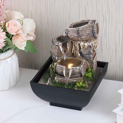 Tabletop Fountain with LED Light and Wood Barrel Design
