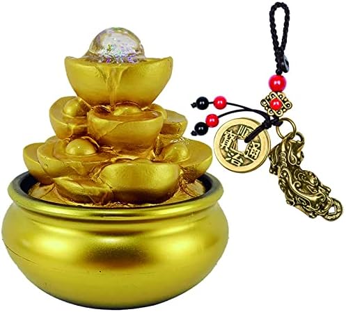 Feng Shui Gold Ingot Tabletop Waterfall Fountain with Lights and Rolling Crystal Ball